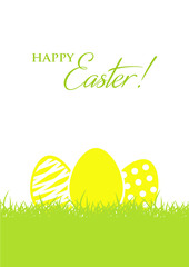 Happy Easter card  with yellow easter eggs, and grass  on white  background