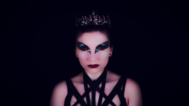 4K Halloween Horror Woman Looking with Red Eyes