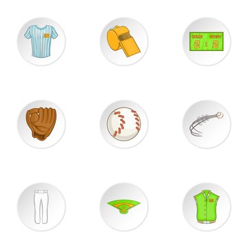 Baseball icons set, cartoon style
