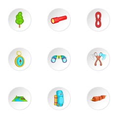 Vacation in forest icons set, cartoon style