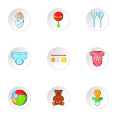 Things for baby icons set, cartoon style