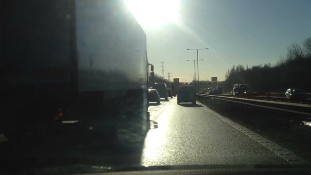Driving on the busy M6 motorway in the UK