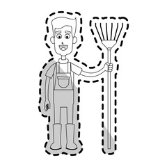happy male farmer holding rake icon image vector illustration design 