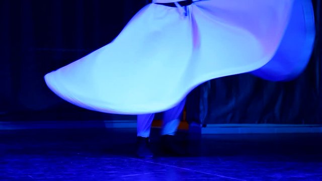 Closeup of male legs of dancers whirling around himself on dancing floor of stage. Real time full hd video footage.