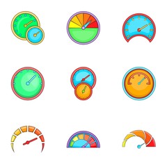 Circular gauge icons set, cartoon style