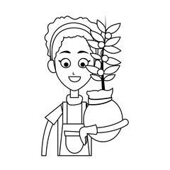 happy female farmer holding plant icon image vector illustration design 