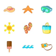 Beach holidays icons set, cartoon style