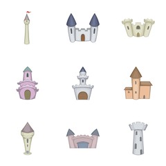 Historical ancient castle icons set, cartoon style