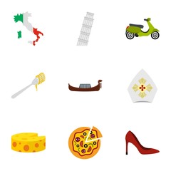 Italy culture elements icons set, flat style