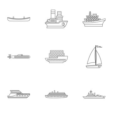 Ocean transport icons set, outline style