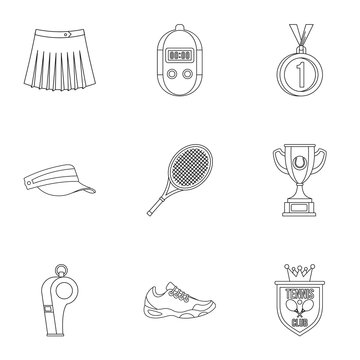Play in tennis icons set, outline style