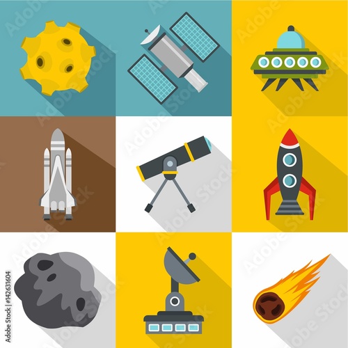 "Outer space icons set, flat style" Stockfotos und lizenzfreie Vektoren