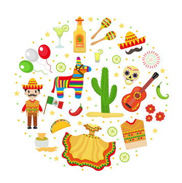 Cinco de Mayo celebration in Mexico, icons set in round shape, design element, flat style. Vector illustration