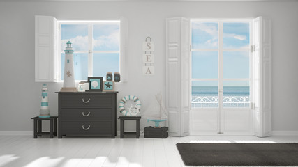 Mediterranean white living, windows with sea panorama, summer hotel resort interior design