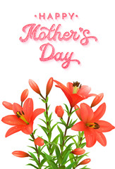 Mothers Day greeting card with pink glitter texture brush lettering inscription and flowers bouquet of red lilies with water drops. Floral vector illustration.