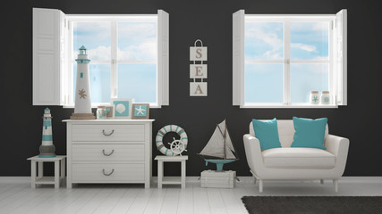 Mediterranean white and gray living, panoramic windows, summer hotel resort interior design