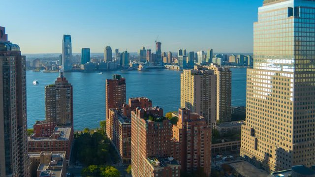 USA, New York, Manhattan, Lower Manhattan, New Jersey and Jersey City across Hudson River, TIMELAPSE Day to Night