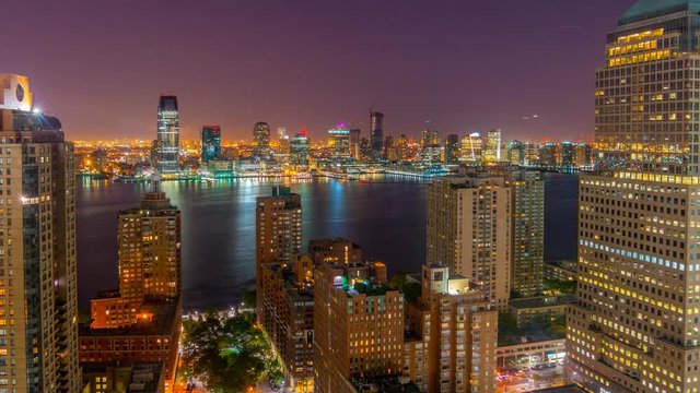 USA, New York, Manhattan, Lower Manhattan, New Jersey and Jersey City across Hudson River TIMELAPSE Night to Day