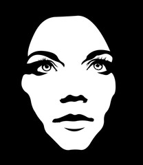 Close up monochrome portrait of girl looking up. Woman face layered vector illustration.