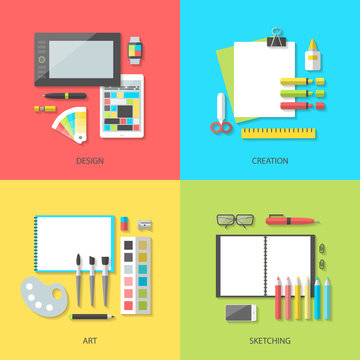 Set of square bright banners, vector illustration of modern creative person workplace. Design, art, creativity and sketching. Flat style and color with shadow for websites and mobile devices