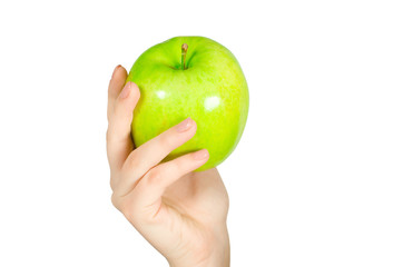 in beautiful hands a green apple , Isolated on white background