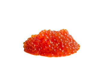 Red caviar on a platte, isolated on white background, close up