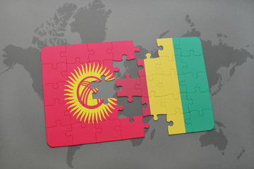 puzzle with the national flag of kyrgyzstan and guinea on a world map