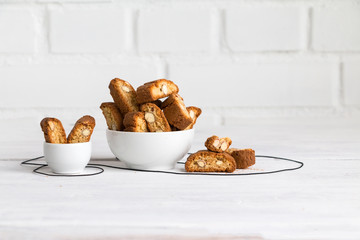 Biscotti or cantuccini, Italian almond biscuits (cookies) - twice-baked, oblong-shaped, dry,...