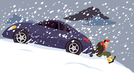 Man pushing a stalled car under a heavy snow, EPS 8 vector illustration