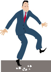 Businessman walking on eggshells, EPS 8 vector illustration - obrazy, fototapety, plakaty
