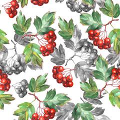 Seamless pattern of watercolor leaves and red berries hawthorn. Watercolor bright and grey branches.