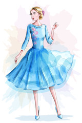 Stylish beautiful girl in blue dress. Fashion woman. Sketch. Vector illustration.