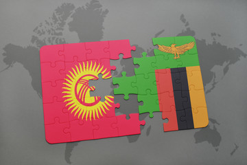 puzzle with the national flag of kyrgyzstan and zambia on a world map