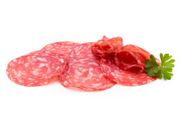 Salami smoked sausage slices isolated on white background cutout.
