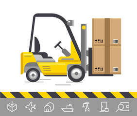 Forklift truck with boxes, logistic icons, flat design, vector illustration