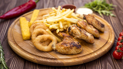 Large plate with a wide selection of snacks for beer