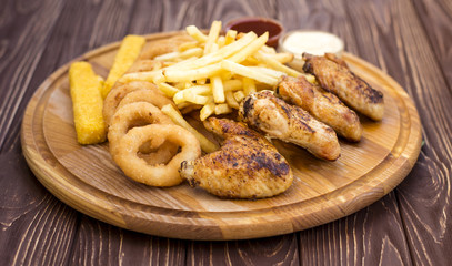 Set of snacks for beer on wood