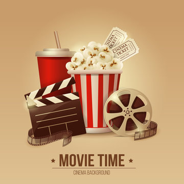 Cinema concept poster with popcorn bowl, film strip and tickets, realistic detailed vector illustration