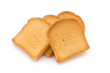 Slices of toast bread on wooden table, top view.