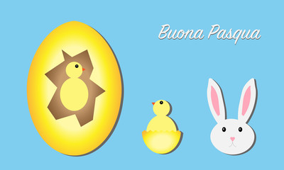 Happy Easter Greeting Card, eggs, chicks and rabbit, Italian version