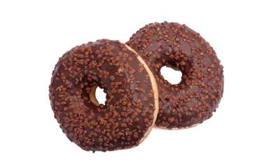 Two Chocolate Donuts with Sprinkles. Isolated on a White Background
