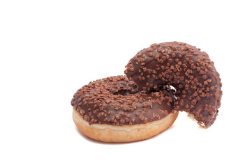 Two chocolate donut is broken half