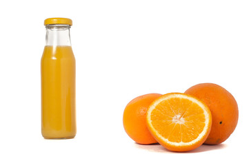 Naklejka na ściany i meble Isolated drink. Glass of orange juice and slices of orange fruit isolated on white background