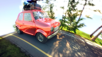 abstract cartoon car traveling with a roof rack on a mountain road. 3d illustration