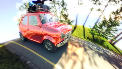 abstract cartoon car traveling with a roof rack on a mountain road. 3d illustration