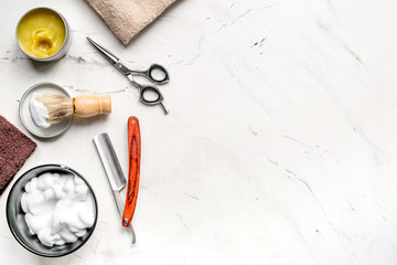 Tools for cutting beard in barbershop on workplace background top view mockup