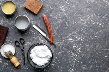 babrer workplace with tools on gray background top view mock up