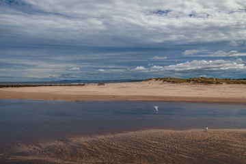 a sandy beach and cloudy blue sky