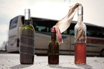 Several types of molotov cocktail with rags ready to use