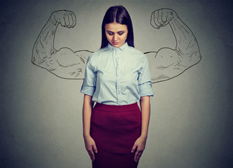 powerful girl reality vs ambition wishful thinking concept. Sad woman looking down